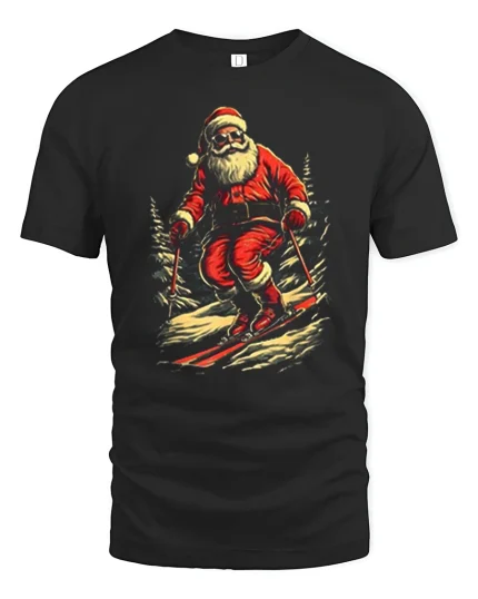 Vintage Skiing Santa Christmas T-Shirt for Holiday Fun Lovers - black t-shirt on white background