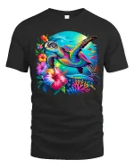 Vibrant Tropical Sea Turtle Graphic T-Shirt for Ocean Lovers - black t-shirt on white background