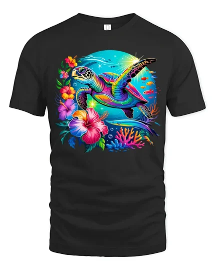 Vibrant Tropical Sea Turtle Graphic T-Shirt for Ocean Lovers - black t-shirt on white background