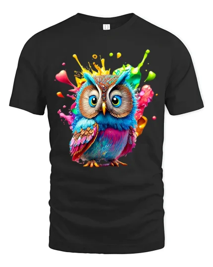 Colorful Splatter Owl Art T-Shirt for Creative Style Lovers - black t-shirt on white background