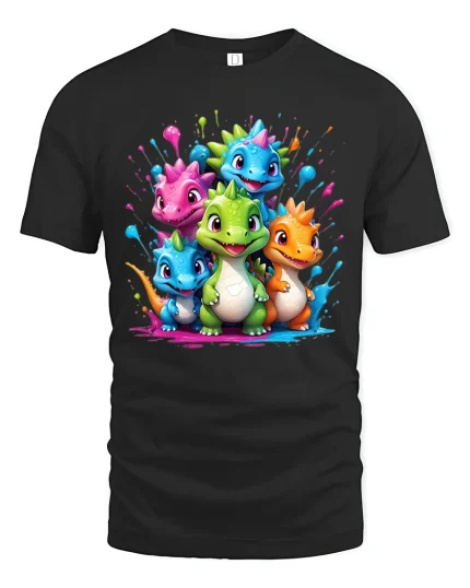Cute Colorful Baby Dragons Graphic T-Shirt for Fantasy Fans - black t-shirt on white background