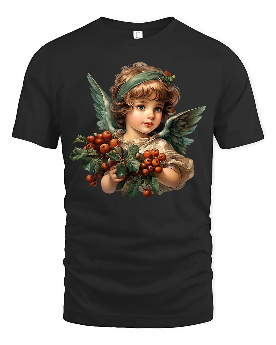 Vintage Christmas Angel Berry Art T-Shirt for Holiday Lovers - 1 Vintage Christmas Angel Berry Art T-Shirt for Holiday Lovers - black t-shirt on white background