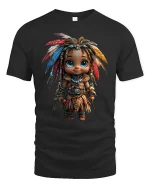 Cute Fantasy Tribal Explorer Graphic T-Shirt for Fun Style - black t-shirt on white background