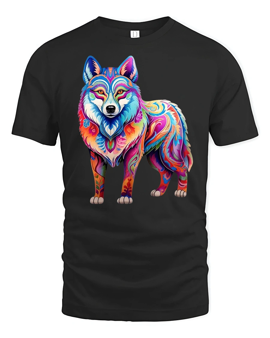 Vibrant Rainbow Wolf Art T-Shirt for Bold Creative Style Fans - 1 Vibrant Rainbow Wolf Art T-Shirt for Bold Creative Style Fans - black t-shirt on white background