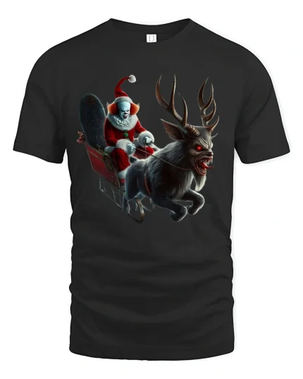 Creepy Evil Santa Clown Christmas T-Shirt for Horror Lovers - black t-shirt on white background