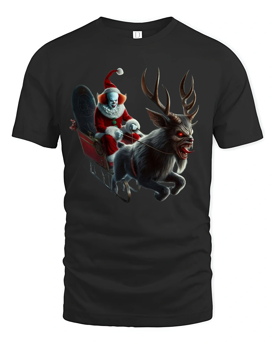 Creepy Evil Santa Clown Christmas T-Shirt for Horror Lovers - 1 Creepy Evil Santa Clown Christmas T-Shirt for Horror Lovers - black t-shirt on white background