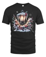 Cozy Christmas Lamp Post Snowy Wreath T-Shirt for Holiday Joy - black t-shirt on white background