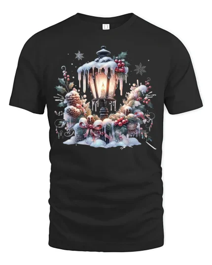Cozy Christmas Lamp Post Snowy Wreath T-Shirt for Holiday Joy - black t-shirt on white background