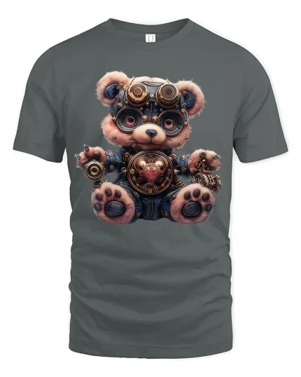 Cute Steampunk Bear Mechanical Heart T-Shirt for Gear Lovers - gray t-shirt on white background