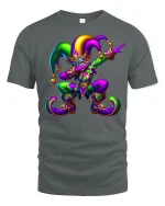 Vibrant Mardi Gras Jester Mask T-Shirt for Festival Lovers - gray t-shirt on white background