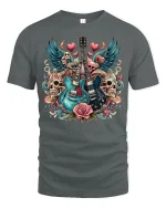 Rock Guitar Skulls and Roses Graphic T-Shirt for Music Fans - gray t-shirt on white background