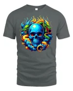 Vibrant Dragon Skull Flame Art T-Shirt for Bold Style Fans - gray t-shirt on white background
