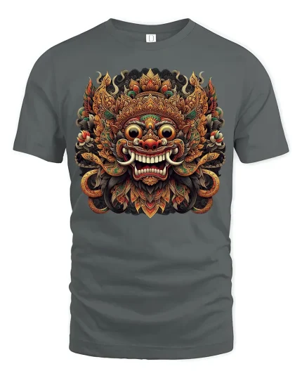 Ornate Mythic Mask Art T-Shirt for Bold Tribal Style Fans - gray t-shirt on white background