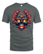 Fiery Ornate Skull Flame Art T-Shirt for Bold Style Fans - gray t-shirt on white background