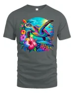 Vibrant Tropical Sea Turtle Graphic T-Shirt for Ocean Lovers - gray t-shirt on white background