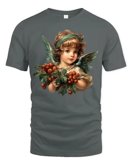 Vintage Christmas Angel Berry Art T-Shirt for Holiday Lovers - gray t-shirt on white background