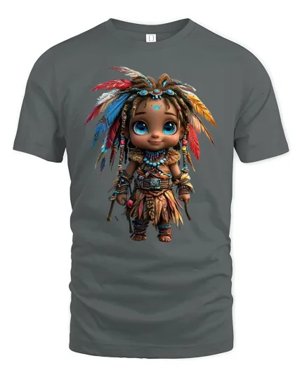 Cute Fantasy Tribal Explorer Graphic T-Shirt for Fun Style - gray t-shirt on white background