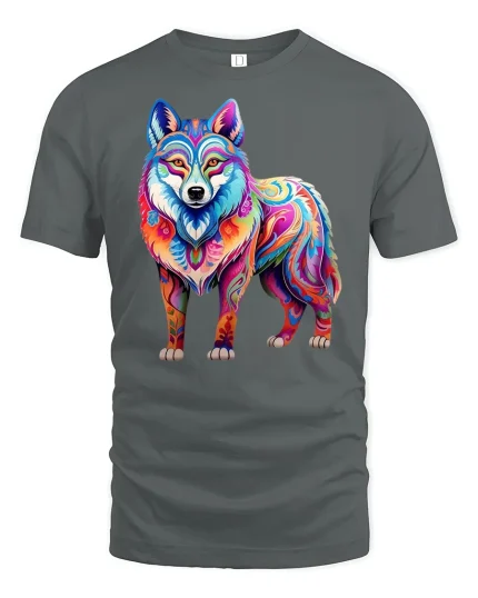 Vibrant Rainbow Wolf Art T-Shirt for Bold Creative Style Fans - gray t-shirt on white background