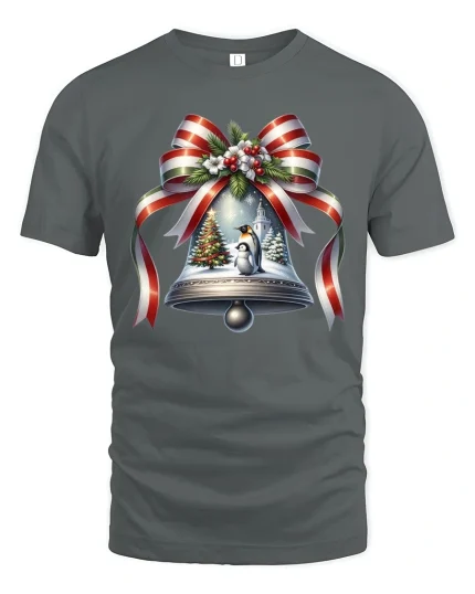 Cute Christmas Bell Penguin Scene T-Shirt for Holiday Cheer - gray t-shirt on white background