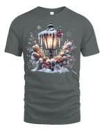 Cozy Christmas Lamp Post Snowy Wreath T-Shirt for Holiday Joy - gray t-shirt on white background