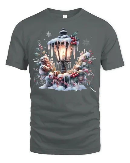 Cozy Christmas Lamp Post Snowy Wreath T-Shirt for Holiday Joy - gray t-shirt on white background