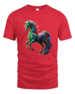 Vibrant Rainbow Unicorn Art T-Shirt for Fantasy Lovers - red t-shirt on white background