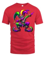 Vibrant Mardi Gras Jester Mask T-Shirt for Festival Lovers - red t-shirt on white background