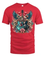 Rock Guitar Skulls and Roses Graphic T-Shirt for Music Fans - red t-shirt on white background