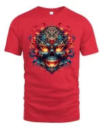 Fiery Ornate Skull Flame Art T-Shirt for Bold Style Fans - red t-shirt on white background