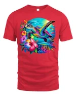 Vibrant Tropical Sea Turtle Graphic T-Shirt for Ocean Lovers - red t-shirt on white background