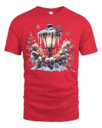Cozy Christmas Lamp Post Snowy Wreath T-Shirt for Holiday Joy - red t-shirt on white background