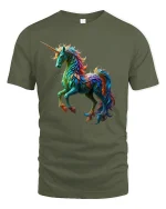 Vibrant Rainbow Unicorn Art T-Shirt for Fantasy Lovers - military green t-shirt on white background