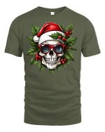 Cool Santa Skull Christmas Graphic T-Shirt for Holiday Fun - military green t-shirt on white background