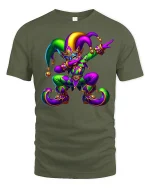Vibrant Mardi Gras Jester Mask T-Shirt for Festival Lovers - military green t-shirt on white background