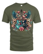Rock Guitar Skulls and Roses Graphic T-Shirt for Music Fans - military green t-shirt on white background
