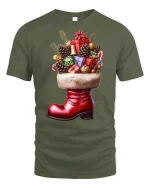 Festive Christmas Gift Boot T-Shirt for Holiday Cheer Lovers - military green t-shirt on white background