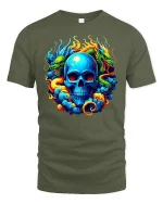 Vibrant Dragon Skull Flame Art T-Shirt for Bold Style Fans - military green t-shirt on white background