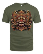 Ornate Mythic Mask Art T-Shirt for Bold Tribal Style Fans - military green t-shirt on white background