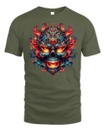 Fiery Ornate Skull Flame Art T-Shirt for Bold Style Fans - military green t-shirt on white background