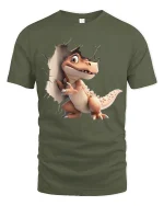 Cute Dinosaur Breakthrough T-Shirt for Fun Kids and Adults - military green t-shirt on white background