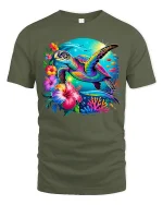 Vibrant Tropical Sea Turtle Graphic T-Shirt for Ocean Lovers - military green t-shirt on white background