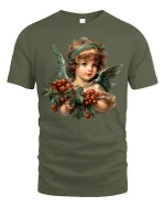 Vintage Christmas Angel Berry Art T-Shirt for Holiday Lovers - military green t-shirt on white background