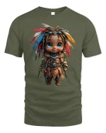 Cute Fantasy Tribal Explorer Graphic T-Shirt for Fun Style - military green t-shirt on white background