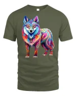 Vibrant Rainbow Wolf Art T-Shirt for Bold Creative Style Fans - military green t-shirt on white background