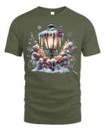 Cozy Christmas Lamp Post Snowy Wreath T-Shirt for Holiday Joy - military green t-shirt on white background