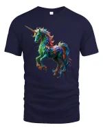 Vibrant Rainbow Unicorn Art T-Shirt for Fantasy Lovers - navy t-shirt on white background