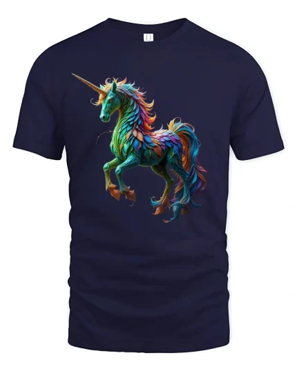 Vibrant Rainbow Unicorn Art T-Shirt for Fantasy Lovers - navy t-shirt on white background