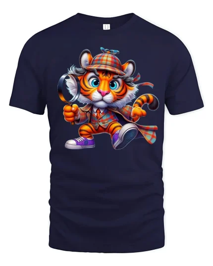 Cute Detective Tiger Graphic T-Shirt for Fun Mystery Lovers - navy t-shirt on white background