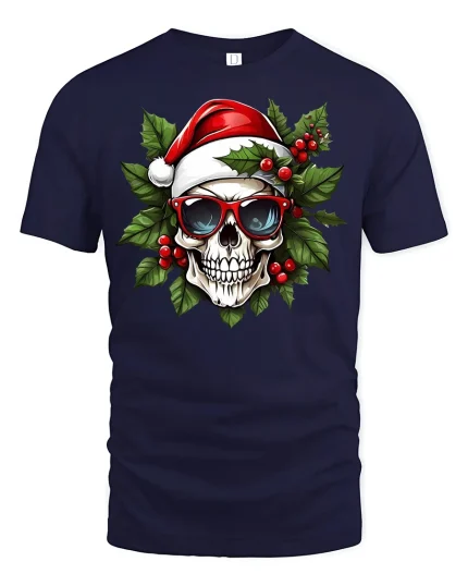 Cool Santa Skull Christmas Graphic T-Shirt for Holiday Fun - navy t-shirt on white background