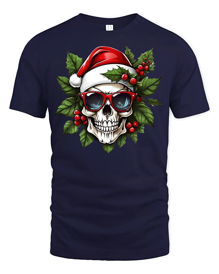 Cool Santa Skull Christmas Graphic T-Shirt for Holiday Fun - 1 Cool Santa Skull Christmas Graphic T-Shirt for Holiday Fun - navy t-shirt on white background
